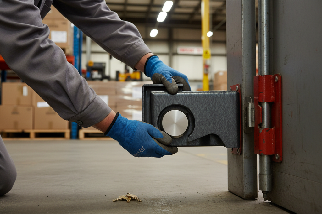 Heavy Duty Puck Lock Box for Shipping Containers with Tamper-Resistant Design and Bolt-On Installation