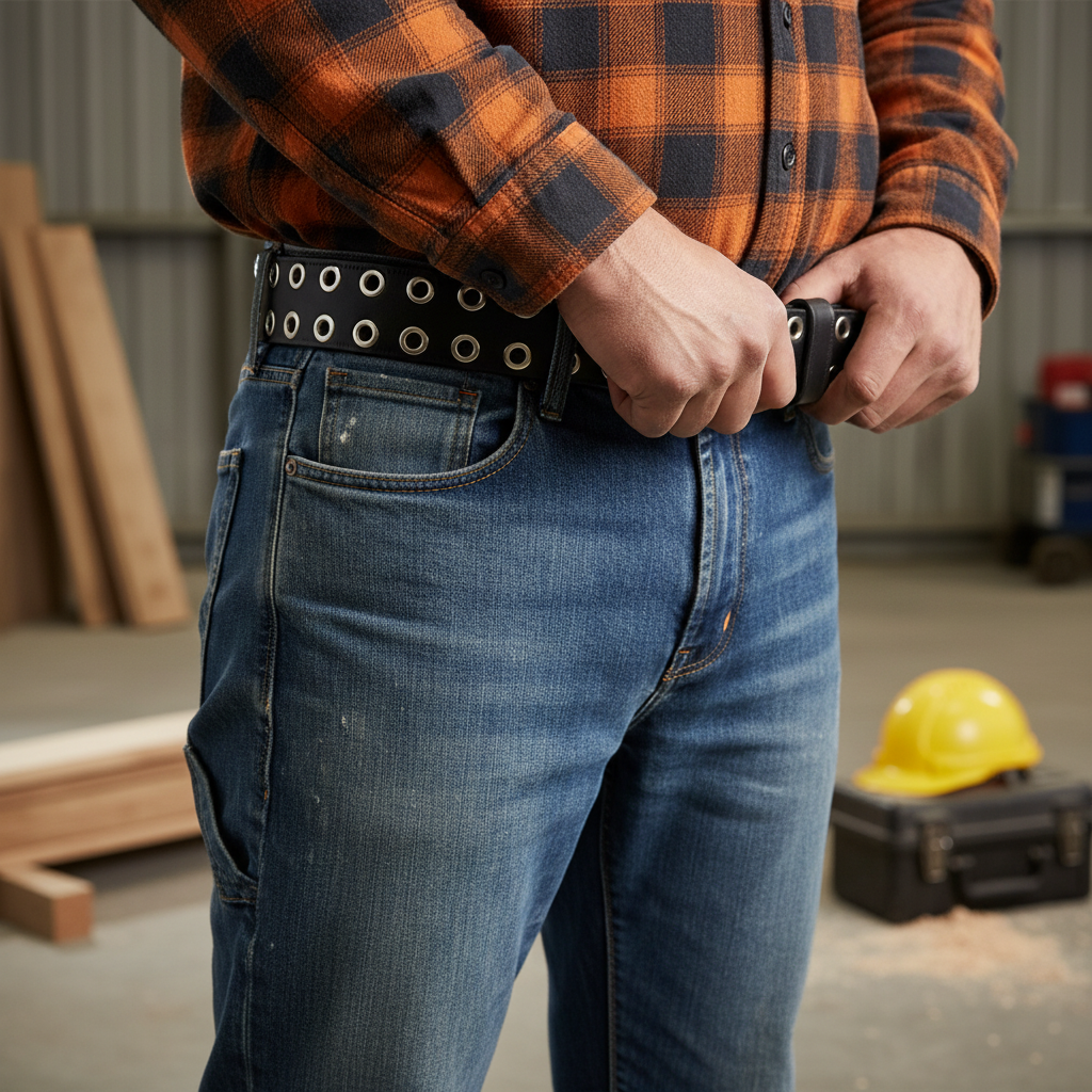 Heavy Duty 2-Inch Double Prong Scaffolding Belt with Eyelets - Durable Black Leather Construction for Professionals