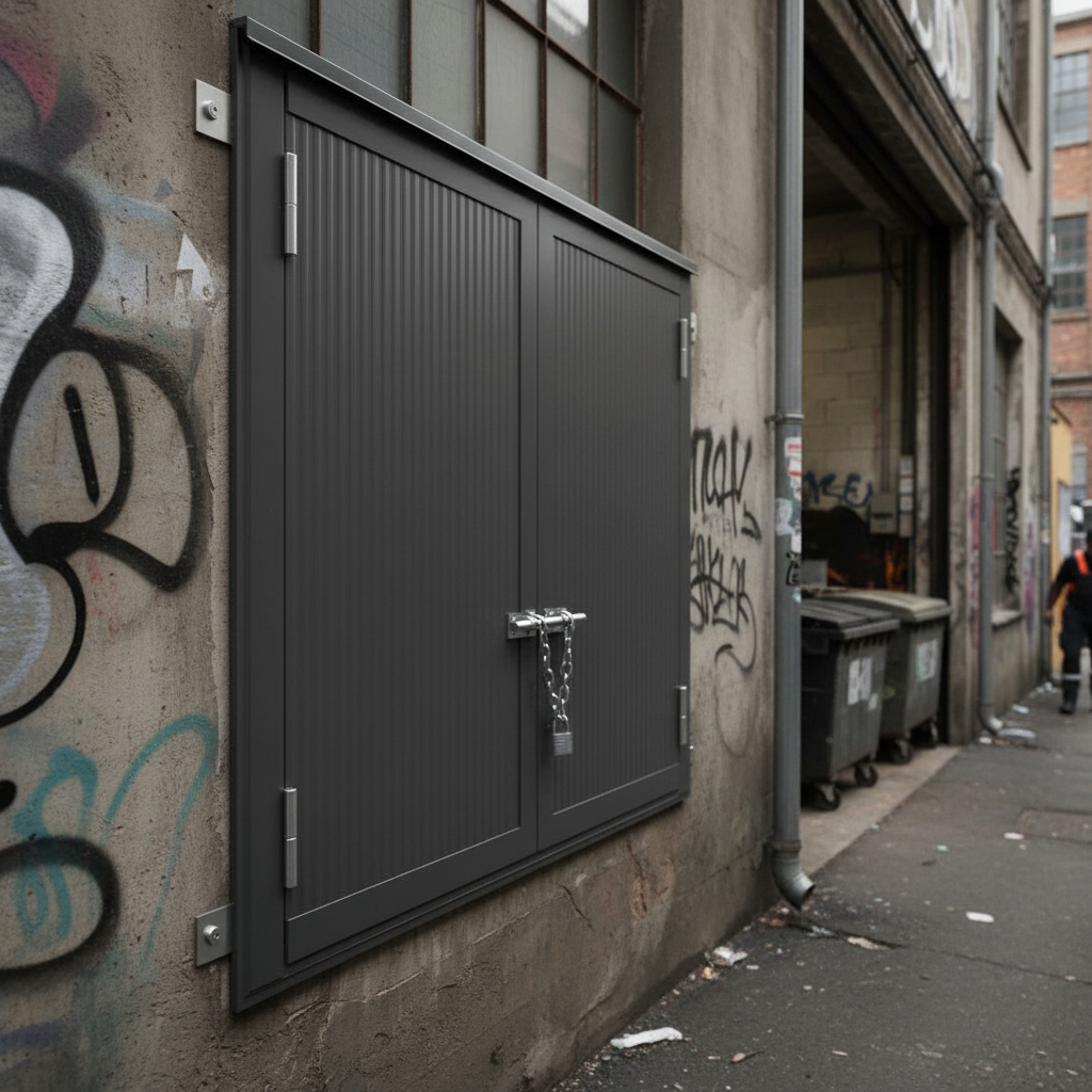 Heavy Duty Anti-Vandal Window Shutter 1060 x 1035mm with Galvanised Steel and High Density Insulation